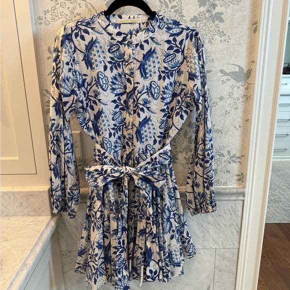 Charina Sarte Blue & White Floral Cotton Button Down Mini Dress - Size Small - Picture 1 of 3